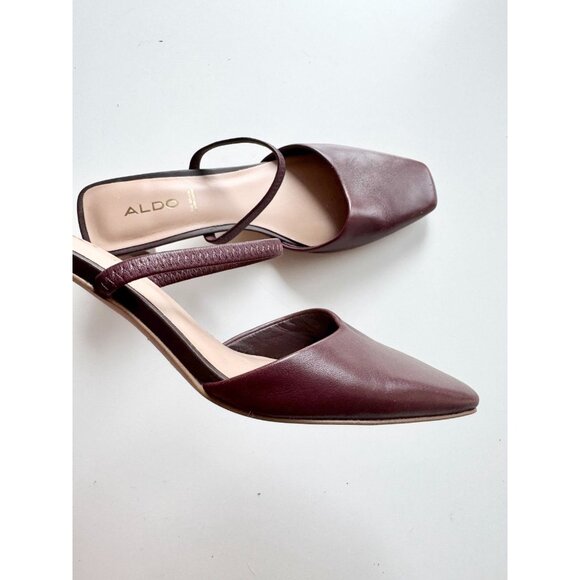 ALDO Afean Dark Brown Burgundy Leather Square Toe Slip On Mules Slides, Size 7 - Picture 4 of 12